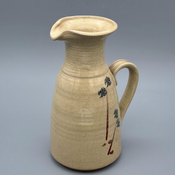 Vintage Studio Pottery Stoneware Pitcher with Hand-Painted Floral Stems Rustic - Picture 2 of 8